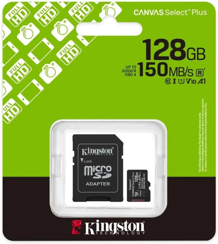 Карта памяти MicroSD 128 Гб Kingston Class 10 Canvas Select Plus A1 U1 V10  (150 Mb/s) + SD адаптер